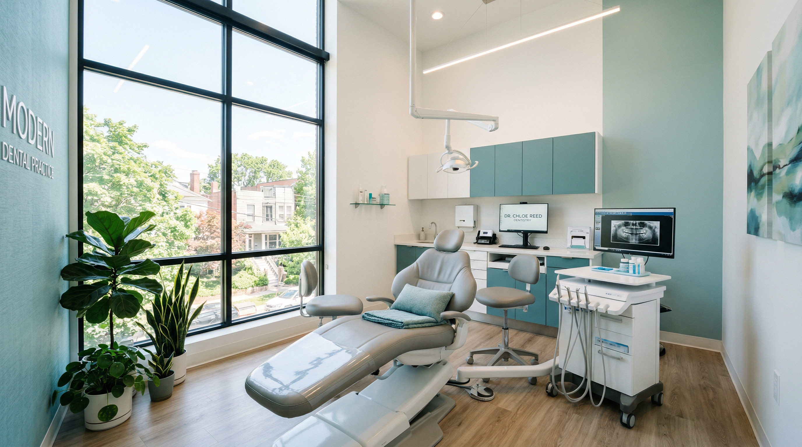 Modern, bright dental treatment room at Tooher Family Dental with comfortable chair and natural light